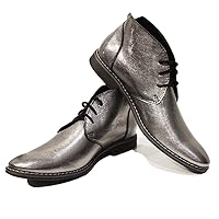 PeppeShoes Modello Silaro - Handmade Italian Mens Color Silver Ankle Chukka Boots - Goatskin Smooth Leather - Lace-Up