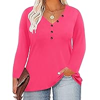 RITERA Women's Plus Size Tops Long Sleeve Shirt V Neck Button Down Tshirt Basic Solid Tee Loose Casual Fall Blouses Hot Pink 4XL