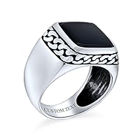 Personalize Retro Classic Elegant Chain Link Accent Black Onyx Gemstone Square Signet Ring For Men Heavy Oxidized .925 Sterling Silver Handmade In Turkey