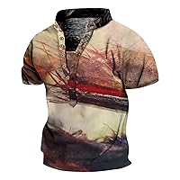 Mens Henley Shirt Basic Fit Short Sleeve Shirt Blouse Summer Print Tees Tops Fashion Stand Neck Tunic Tshirt