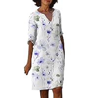 Work Short Sleeve Mini Tunic Dress Female Fashion Summer with Pockets V Neck Women Printing Comfort Thin Purple XXL