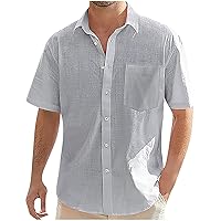 Men's Cotton Linen Short Sleeve Shirts Casual Lightweight Button Down T-Shirts with Pocket Vacation Beach Summer Tops