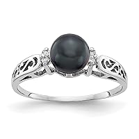 Solid 14k White Gold 6mm Black FW Cultured Pearl AA Diamond ring Available in Sizes 5 to 7