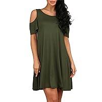 Women's Dresses Summer Dress Women Summer Cotton Loose Solid Off Shoulder Casual Sundress Mini Dress(Green,XX-Large