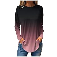 Blouses for Women Dressy Casual,Womens Gradient Crewneck Long Sleeve Shirts Oversized Medium Long Pullover Tops