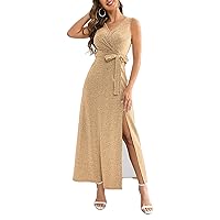 Women's V-Neck Bridesmaid Dresses Gold Glitter Tea Length Summer Cocktail Dress 2023 with Slit Hight Waist A-Line Party Dresses Gold L