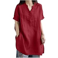 Loose Tunic Tops for Women Solid Summer V Neck Long Shirts Short Sleeve Shirts Casual Longline Blouses for Leggings