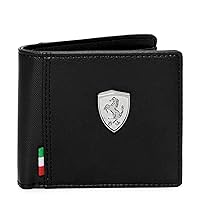 Ferrari Men's Wallet, 3 Card Slots and Coin Pocket, Faux Leather Pro(Scuderia Ferrari Logo with Italian Flag) (Midnight Java Black)
