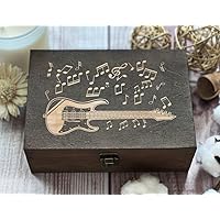 Electric Guitar with Musical Notes Illustration - Artisan-Crafted Wooden Container Featuring Electric Guitar & Notes - Unique Present for Music Enthusiasts, Elegant Engraved Musical Theme
