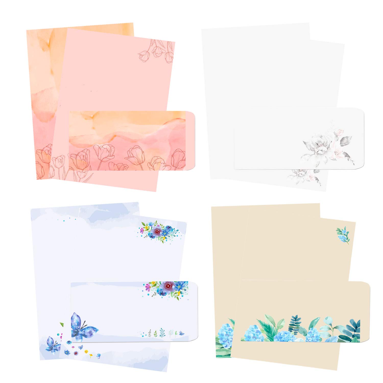 48Pcs Stationary Writing Paper with Envelopes - Japanese Stationery Set Double Sided Printing Floral Letter Writing Paper, 32 Stationary Papers + 16 Envelopes, 7.5 x 10.4 Inch of Each Stationary Paper