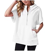 Short Sleeve Sweatshirt Women Oversized Half Zip Hoodies Casual Quarter Zip Pullover Tops with Pocket Lightweight Sweatshirts