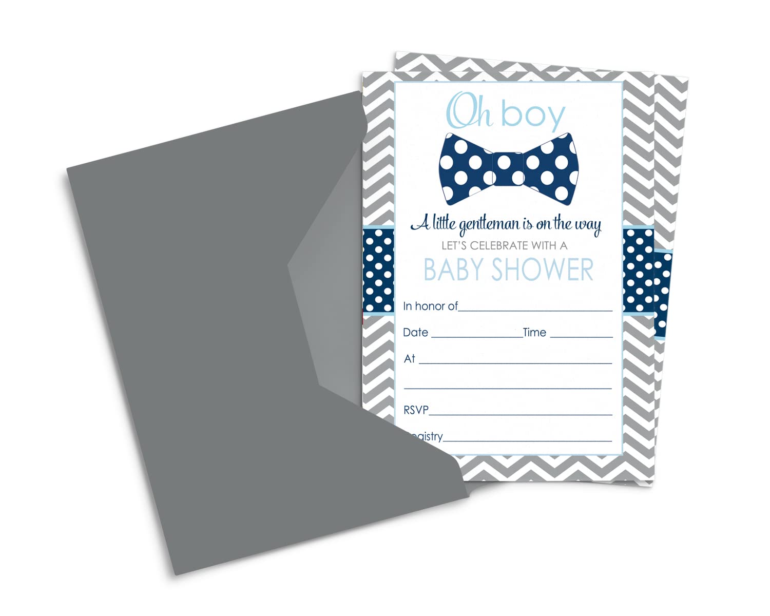 Bow Tie Baby Shower Invitations with Envelopes (15 Pack) Blank Invites for Boys Parties - Little Man Theme Blue and Grey – Blank Invite to Handwrite Custom Details - 4x6 Printed Card Set