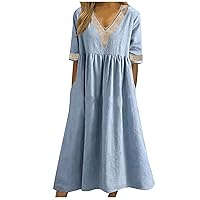 Women Guipure Lace V Neck Cotton Linen Belly Hide Dress Summer Fashion Casual Swing Tunic A-Line Dress with Pockets