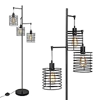 FIRVRE Modern Industrial Floor Lamp,3-Light Tree Floor Lamp Black with Orbicular Cages.Farmhouse Rustic Tall Standing Lamp,Black Corner Reading Lamps Home Decor for Bedroom, Office,Living Room