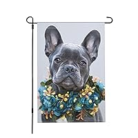 Young Blue Coated French Bulldog Dog With Flower Garden Flag, Welcome Outdoor Decoration Double Sided 12 X 18 Inch, Flax Garden Flags Black