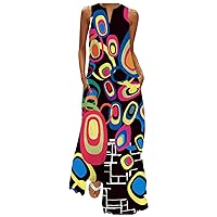 Summer Dresses for Women 2022, Women's Fashion Sleeveless Long Dress Pocket V Neck Print Casual Vintage Dress, S-5XL