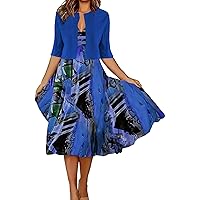 XJYIOEWT Summer Dresses for Women 2024 Vacation Trendy 3/4 Sleeves,Ladies Cardigan Elegant Long Skirt Printed Dress Wome