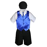 5pc Baby Toddler Boys Black Shorts Hat Royal Blue Necktie Vest Suits Set (2T)