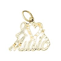 18K Yellow Gold I Love Music Saying Pendant, Made in USA