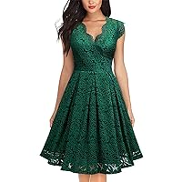 Women Floral Lace V Neck Short Sleeve Formal Dress Swing A-Line Wedding Bridesmaid Cocktail Party Midi Dresses