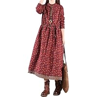 Japanese Style Print Patchwork Collar Cotton Linen Autumn Dress Women Casual Loose Spring Dresses