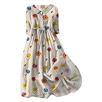 Boho Dresses for Women 2024 Women's Maxi Dress 2024 Vacation Sun Dresses Lapel Button Belted Boho Flowy Print Long Dress