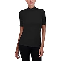 BCBGMAXAZRIA Women's Slim Fit Top 3/4 Sleeve Mock Neck Shirt, Black, Medium