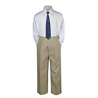 3pc Formal Baby Teens Boys Navy Blue Necktie Khaki Pants Set Suit S-7 (4T)