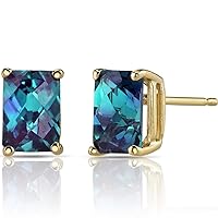 Peora Solid 14K Yellow Gold Created Alexandrite Earrings for Women, Color Change Solitaire Studs, 7x5mm Radiant Cut, 2.5 Carats total, Friction Back