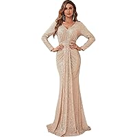 Women's Long Sleeve Retro Party Sequin Prom Dresses Elegant Mermaid Formal Evening Gowns
