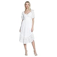 Maggy London Midi Summer Eyelet Lace A-line Casual Bridal Shower, Short Sleeve Flared Skirt, White Dress Women