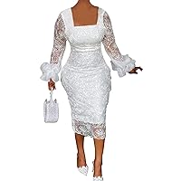 Women's Sexy Floral Lace Long Sleeve Elegant Bodycon Midi Dress Formal Party Cocktail Dress