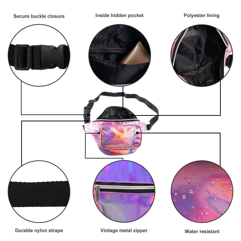 Holographic Fanny Pack for Women Men, Water Resistant Crossbody Waist Bag Pack with Multi-Pockets Adjustable Belts
