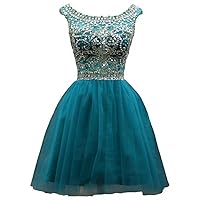 Women's Short High Neck Beaded Tulle Cocktail Party Homecoming Dress
