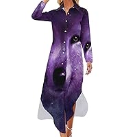 Space Wolf Face Women's Shirt Dress Long Sleeve Button Down Shirts Dress Casual Loose Maxi Dresses