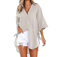 Womens Tops Plus Size Linen Long Sleeve Button Down Shirts Casual V Neck Tshirts Oversized Dressy Shirts Comfy Tees