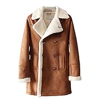 Men's brown suede shearling faux fur lined double breasted lapel collar casual winter warm trench coat 3/4 Length