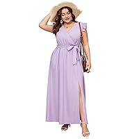Women Plus Size Wrap V Neck Maxi Dress Sleeveless High Waist Side Split Summer Casual Dress with Belt