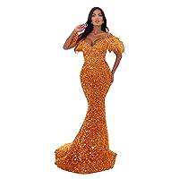 Off Shoulder Sweetheart Mermaid Prom Dresses 2024 Long Sparkly Sequin Feathers Sheath Formal Evening Party Gowns with Train
