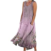 Women Summer Sleeveless Vintage Print Linen Tank Dress with Pockets Boho Beach Flowy Party Dresses Casual Sundress