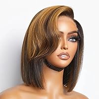 Highlight Bob 1b/30 Colored Straight Bob with Side Bangs Human Hair Wig 13x6 HD Transparent Lace Frontal Wig Brazilian Virgin Hair Short Bob Glueless Wigs 150% Density Natural Hairline 12inch