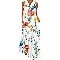 Maxi Dress for Women Summer Sexy Sleeveless Floral Print Long Dress Elegant V Neck Catwalk Beach Sundress with Pocket