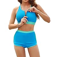 JASAMBAC Women's High Waisted Bikini Sets Sporty Two Piece Swimsuits Color Block Cheeky Zip Up Bathing Suits with Boyshorts