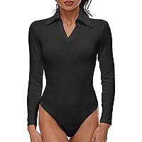 Long Sleeve Bodysuits for Women Ribbed Knit Bodysuit V Neck Body Suits for Womens Blouse Collared Shirt Top