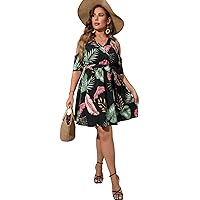 Womens Plus Size Dresses Summer Tropical Print Cold Shoulder Wrap Belted Dress