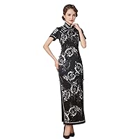 Women Black Slim Knee Length Dress Silk Printed Cheongsam Stylish Chinese Dresses 3253