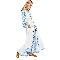Blue and White Porcelain Embroidery Bohemian Long Dress Flared Long Sleeve Hollow-Out Maxi Dress
