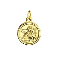 Bling Jewelry Personalize 14K Yellow Real Gold Religious Oval Or Round Disc Medal Guardian Angel Cherub Pendant Necklace For Women Teen Customizable No Chain