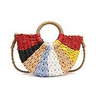 Women Summer Retro Straw Tote Bag Hand-woven Colorful Boho Shoulder Bag Crossbody Bag Round Handle Beach Handbags
