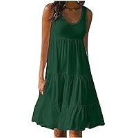 Womens Summer Casual Dress 2024 Sleeveless Sundress Solid Color Tiered Swing A Line Mini Beach Vacation Dresses